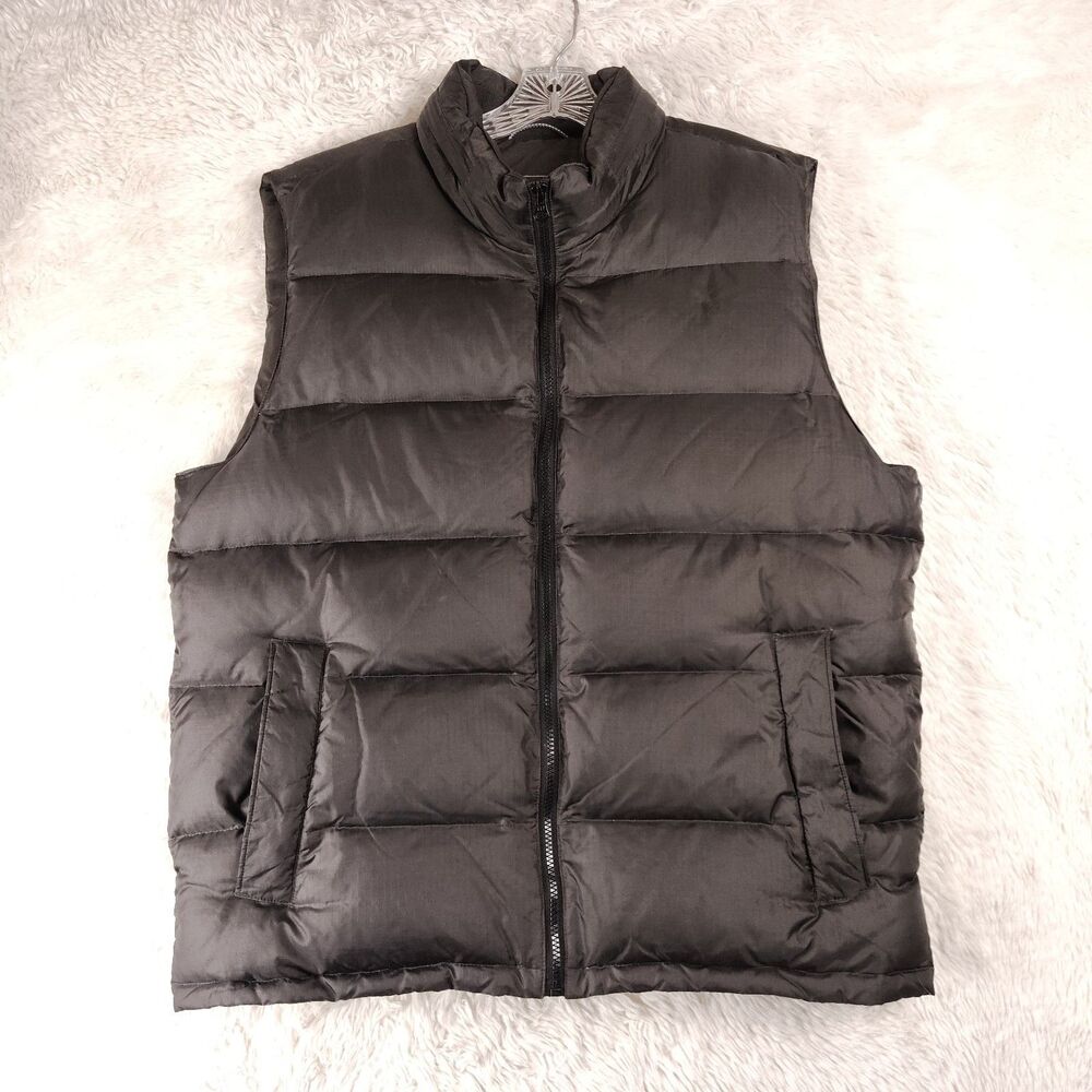 GAP Down Puffer Vest Mens Large Packable Hood Warmest 75% Down Gray